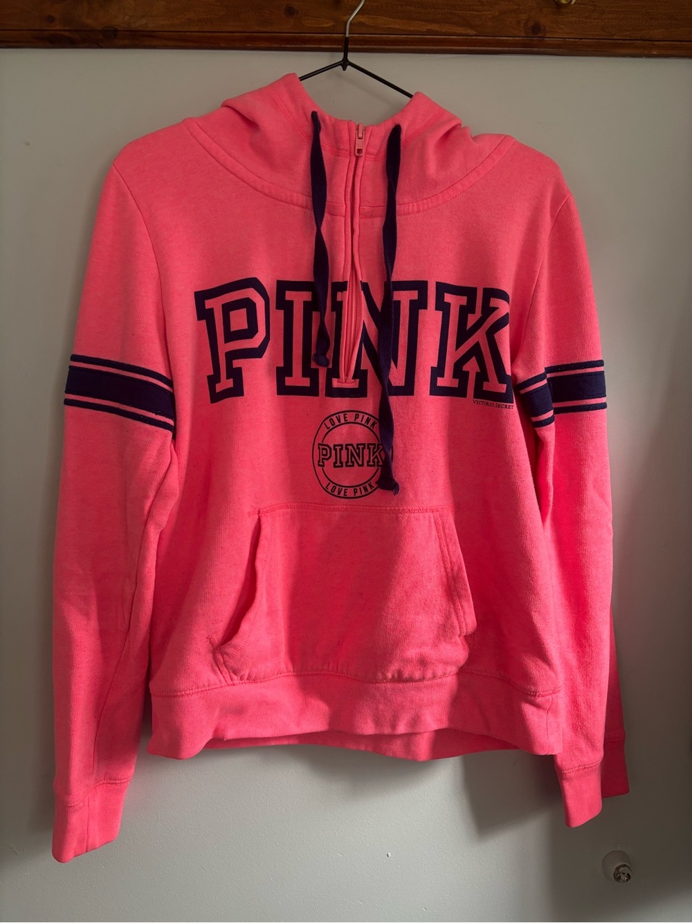 Victoria's Secret PINK bright bubblegum Pink Hoodie with Navy Accents